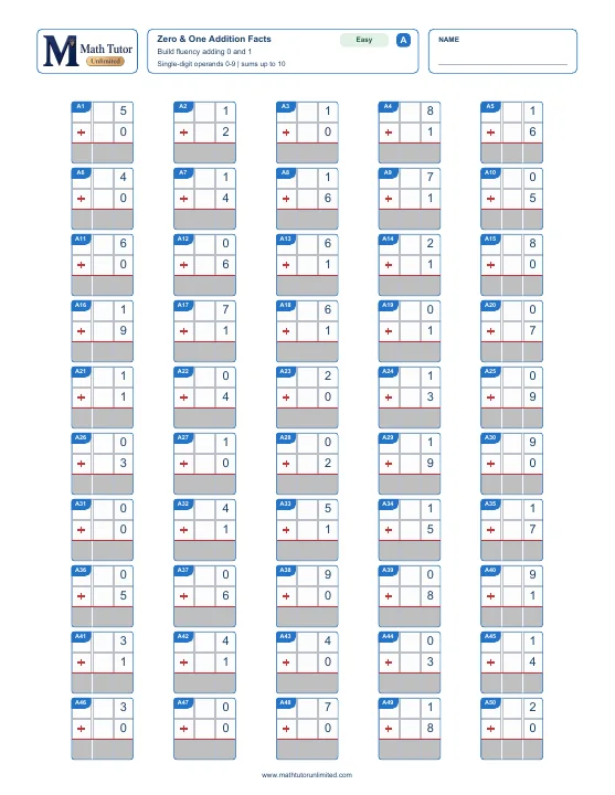 Actual single-digit addition worksheet, Pack 1