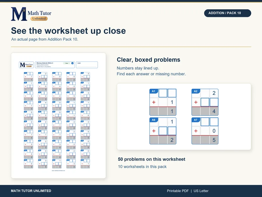 Worksheet from Missing Number Addition