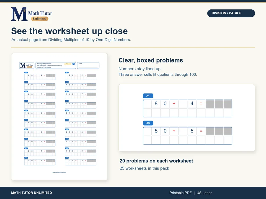 Worksheet from Dividing Multiples of 10 by One-Digit Numbers