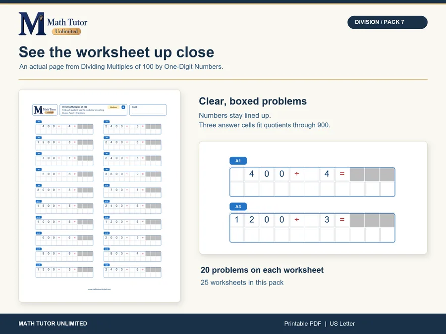 Worksheet from Dividing Multiples of 100 by One-Digit Numbers