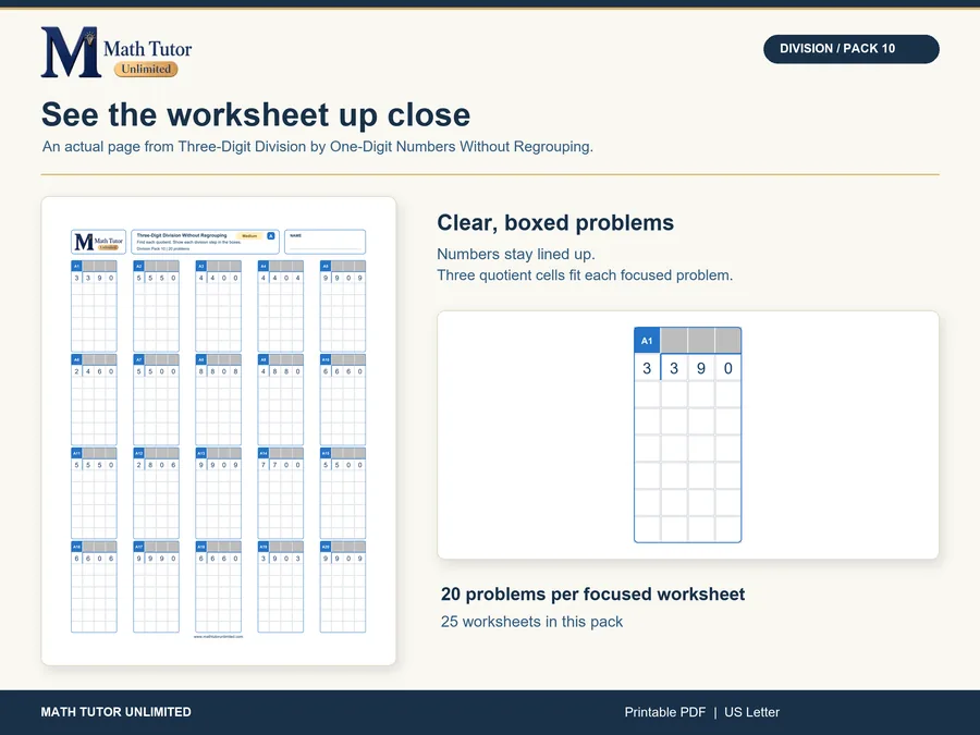 Worksheet from Three-Digit Division by One-Digit Numbers Without Regrouping
