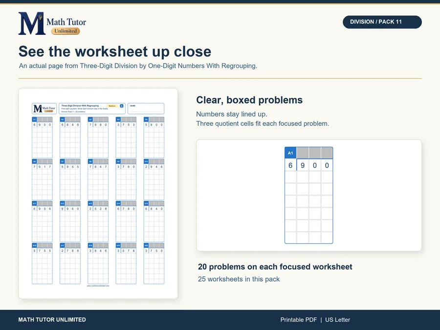 Worksheet from Three-Digit Division by One-Digit Numbers With Regrouping