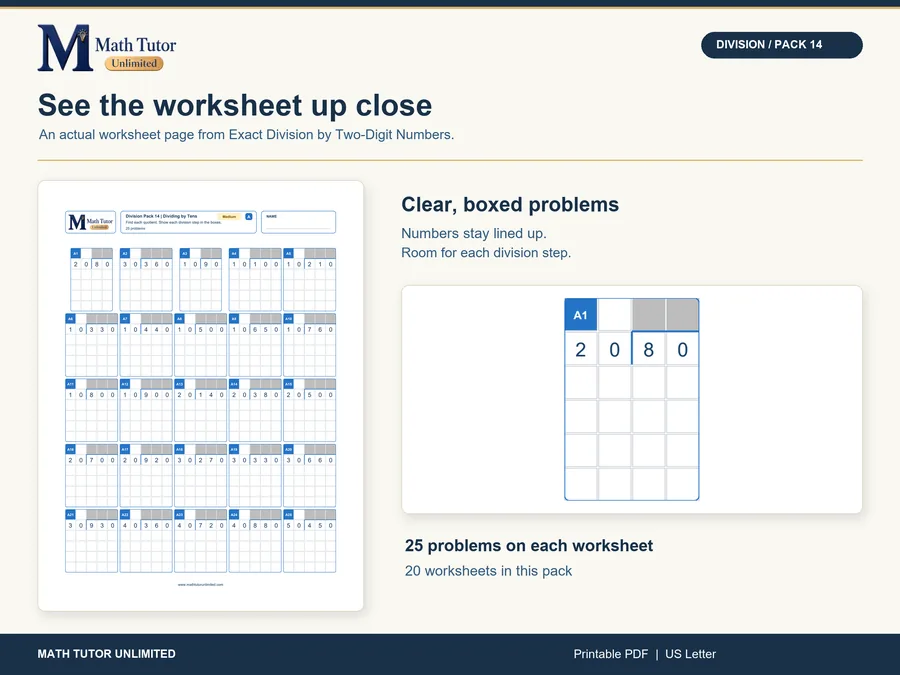 Worksheet from Two- and Three-Digit Exact Division by Two-Digit Numbers
