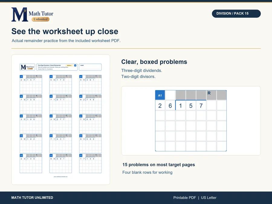 Worksheet from Three-Digit Division by Two-Digit Numbers With Remainders