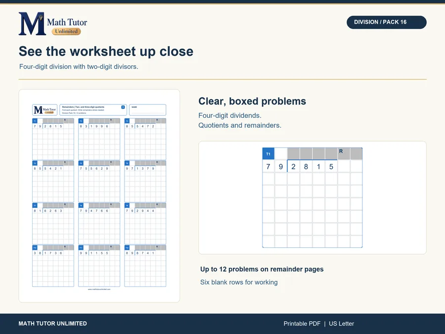 Worksheet from Four-Digit Division by Two-Digit Numbers
