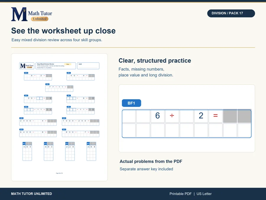 Worksheet from Easy Mixed Division Review