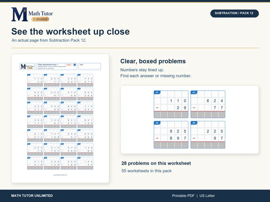 Worksheet from Hard Subtraction Mixed Review